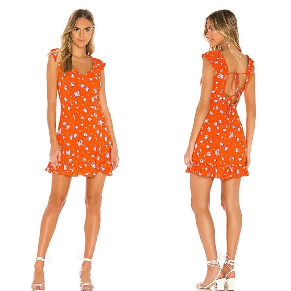 Free People Like a Lady Printed Mini Orange Dress Open Tie Back, Sz M